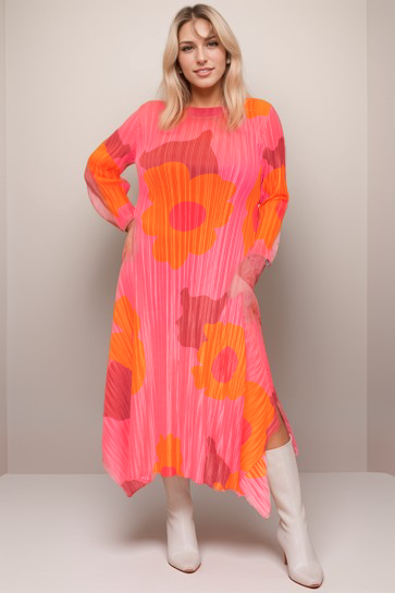 Printed Round Neck Pleated Dress