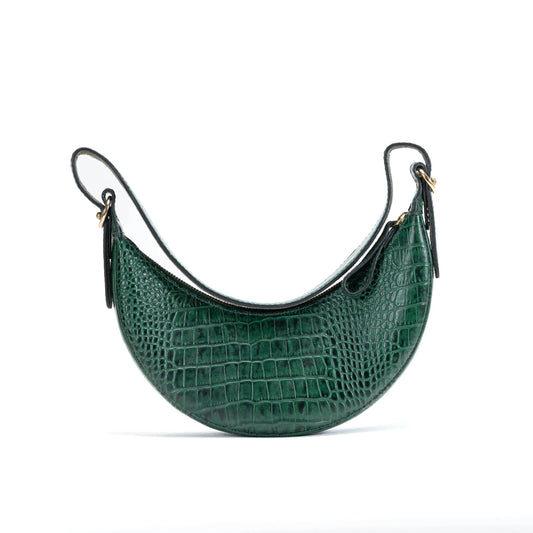 Green Croc Luna Crescent Leather Bag