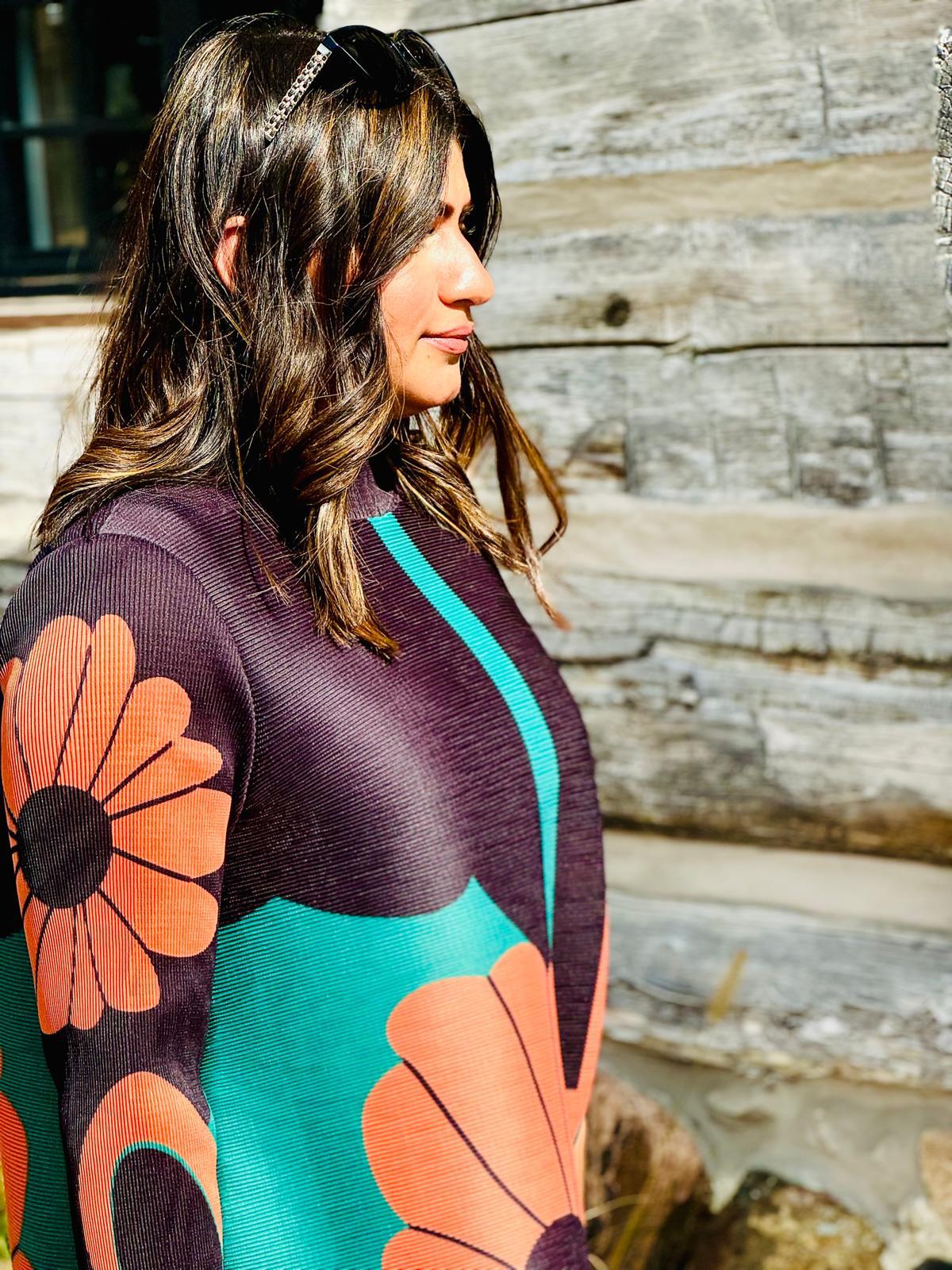 Printed High Neck Pleated Dress