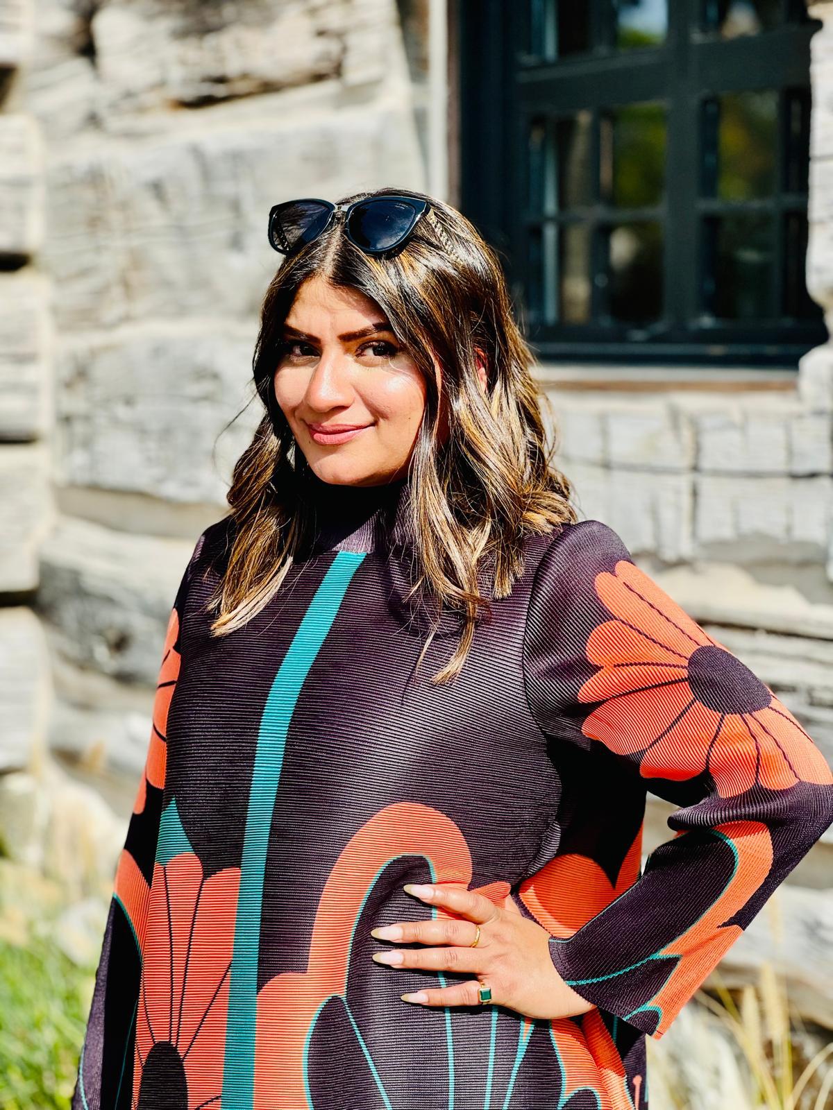 Printed High Neck Pleated Dress