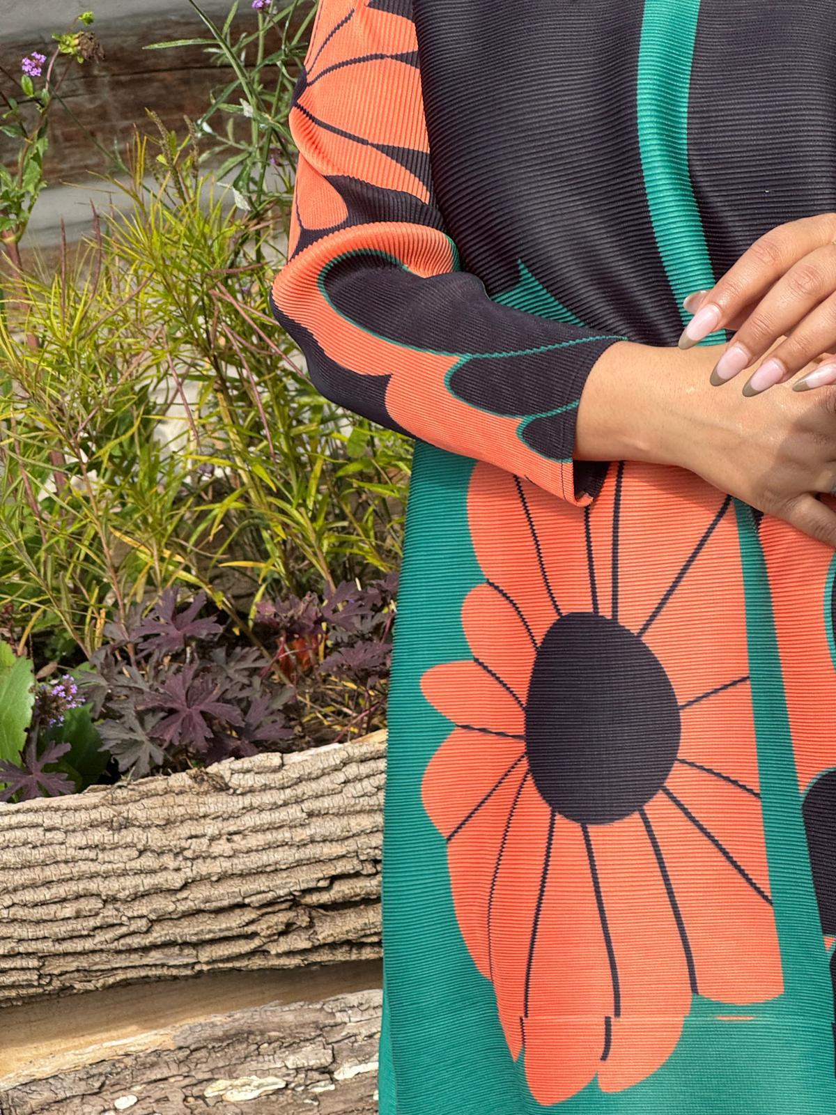 Printed High Neck Pleated Dress