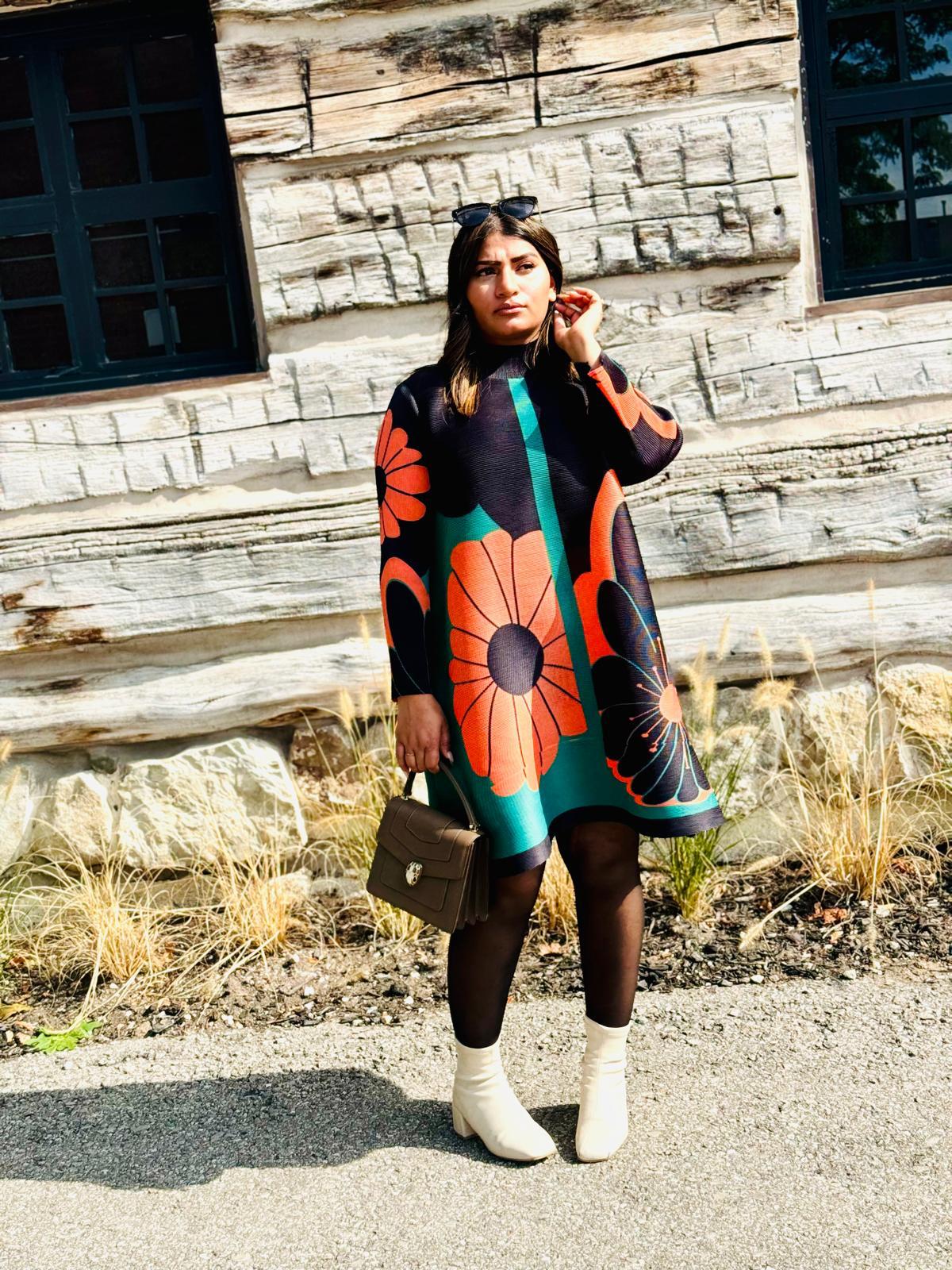 Printed High Neck Pleated Dress