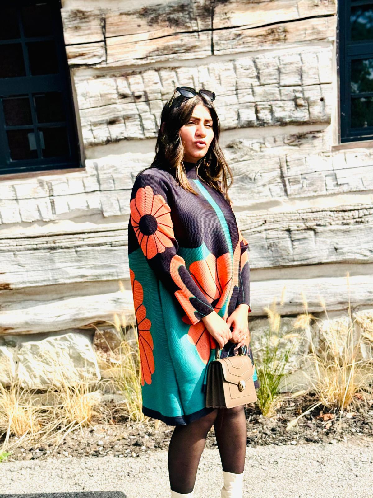 Printed High Neck Pleated Dress