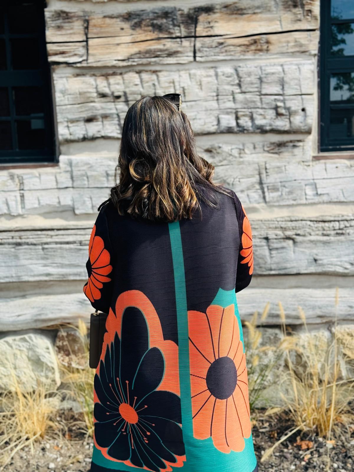 Printed High Neck Pleated Dress