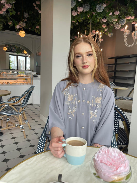 Grey Lilac embellished kaftan long shirt and matching tailored trouser