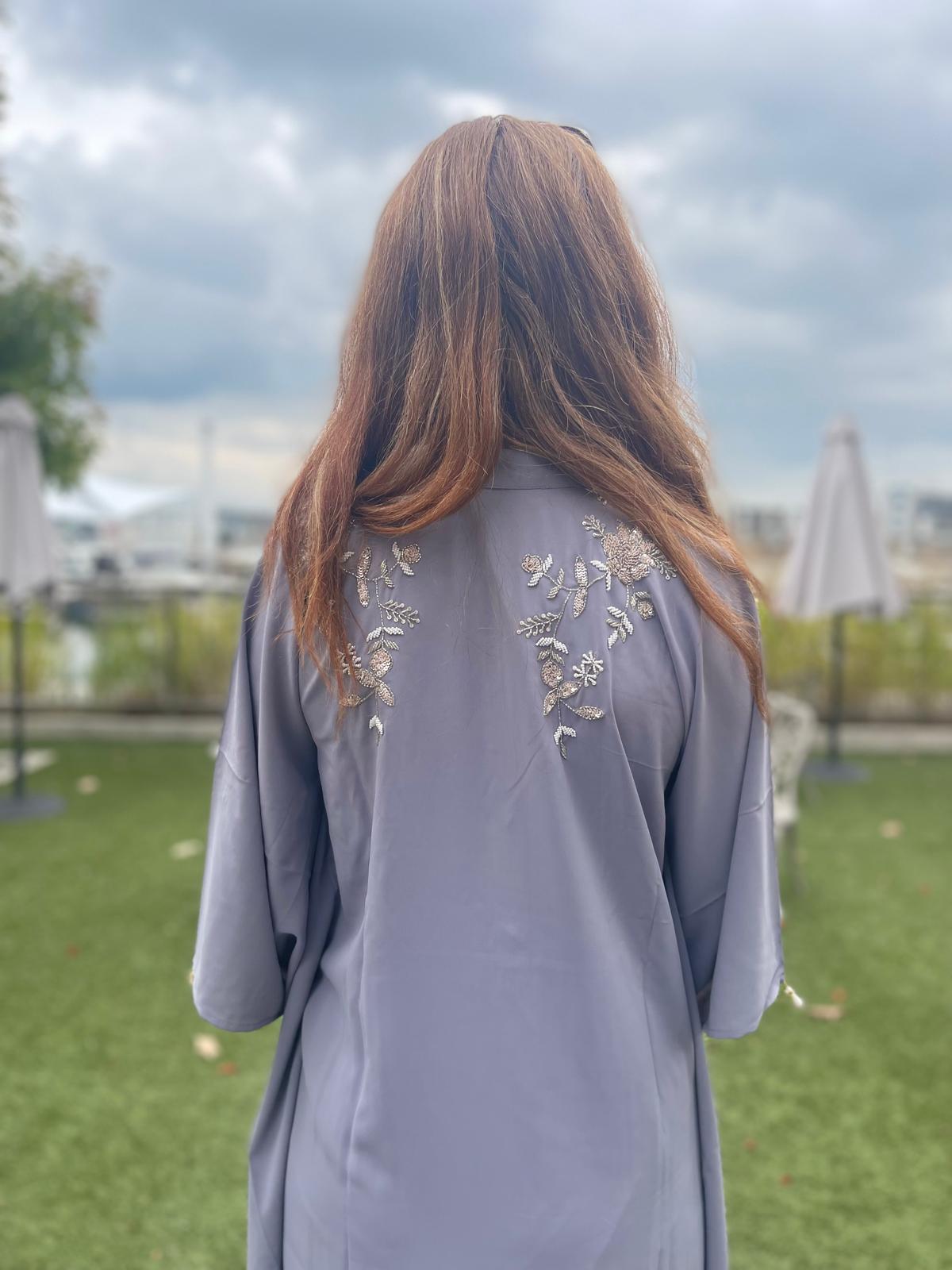 Grey Lilac embellished kaftan long shirt and matching tailored trouser