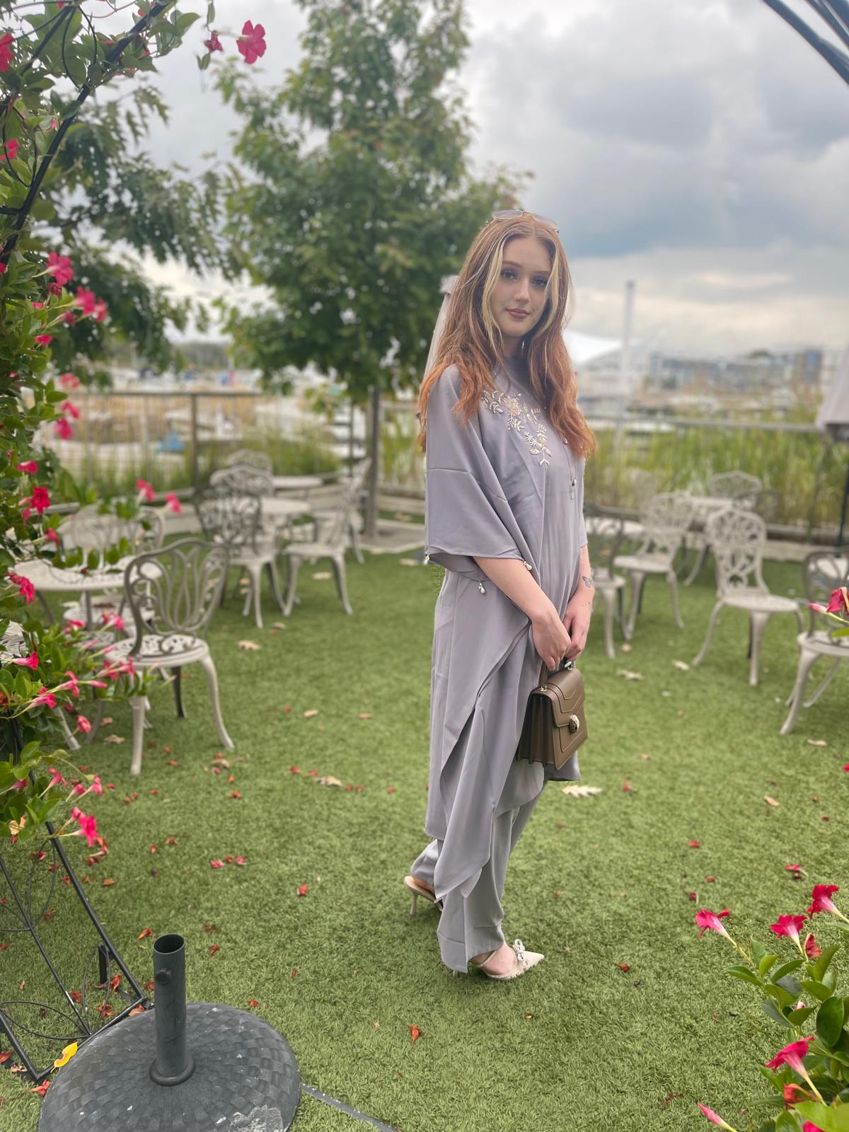 Grey Lilac embellished kaftan long shirt and matching tailored trouser