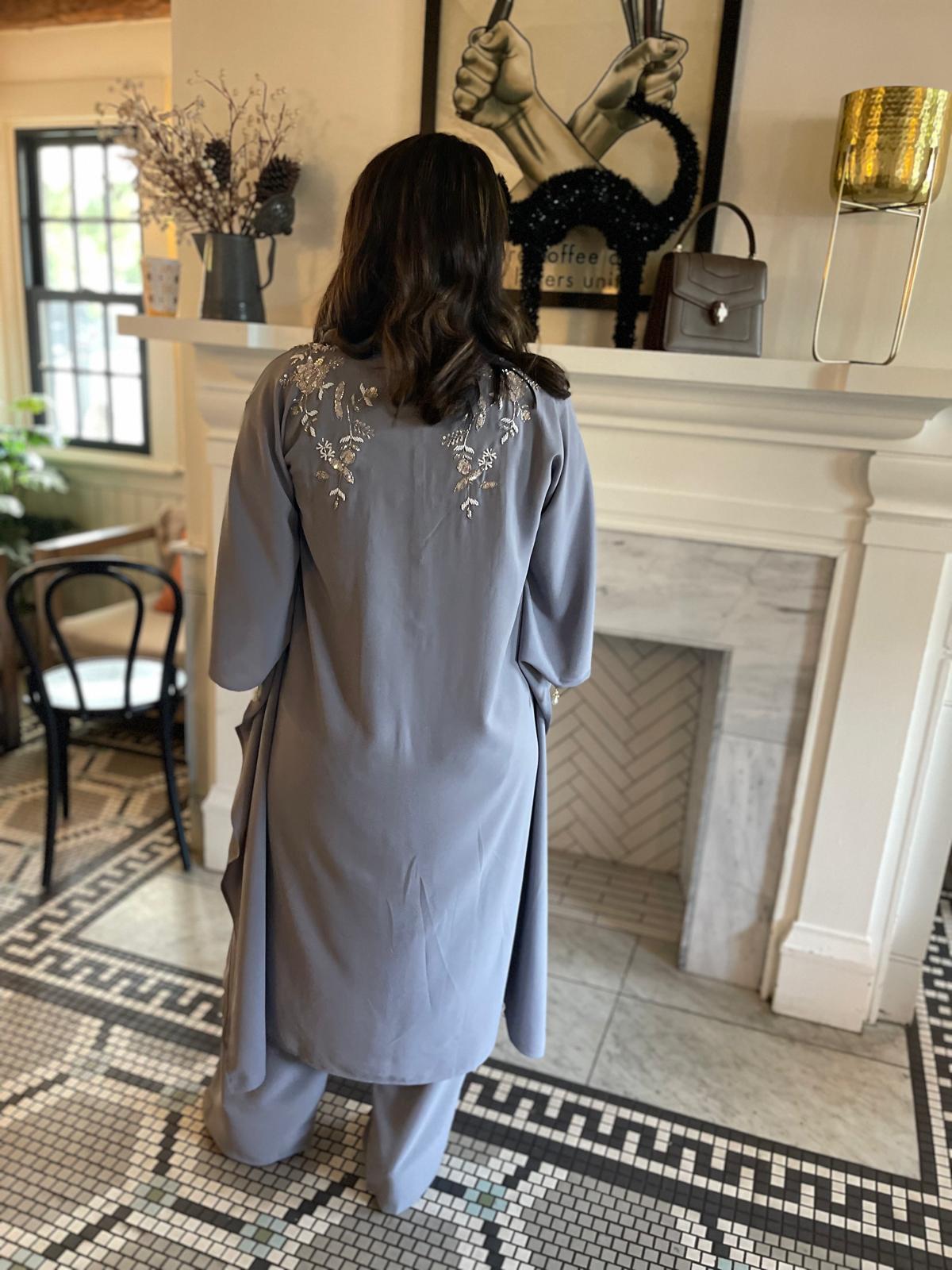 Grey Lilac embellished kaftan long shirt and matching tailored trouser