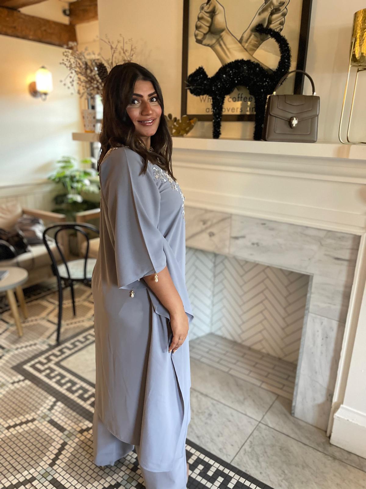 Grey Lilac embellished kaftan long shirt and matching tailored trouser