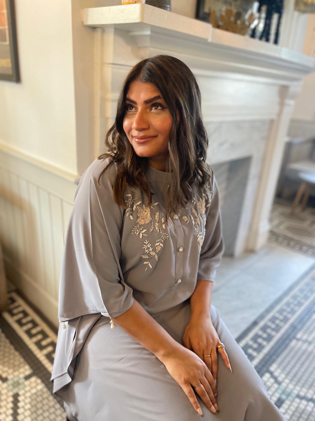 Grey Lilac embellished kaftan long shirt and matching tailored trouser