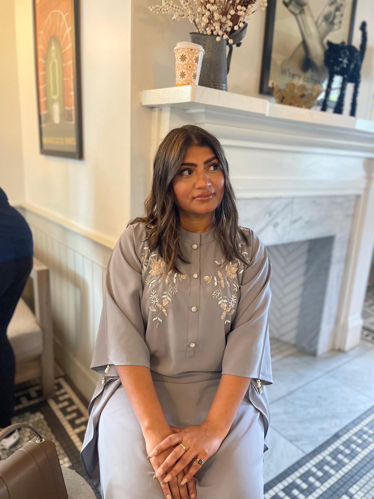 Grey Lilac embellished kaftan long shirt and matching tailored trouser