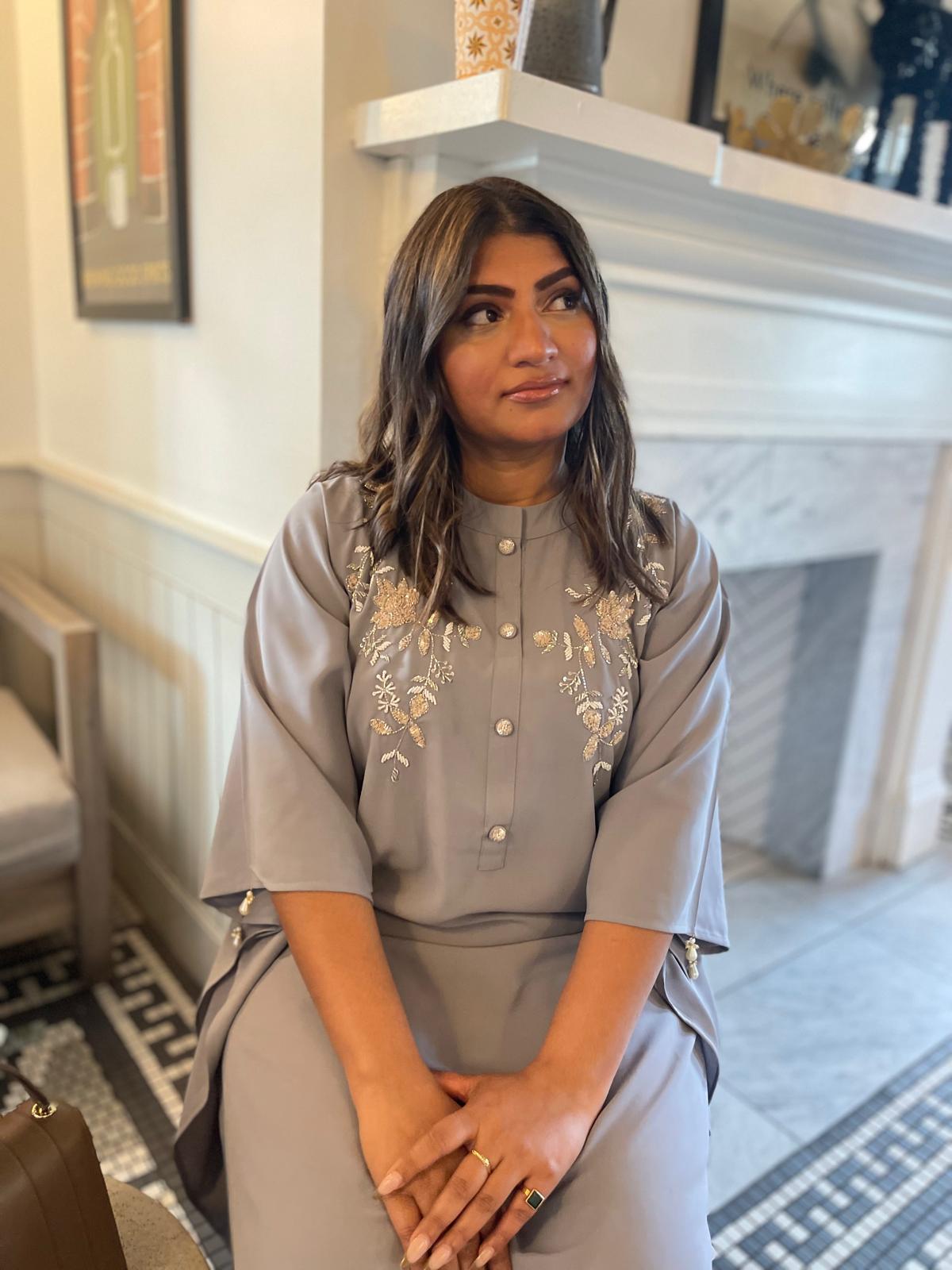 Grey Lilac embellished kaftan long shirt and matching tailored trouser