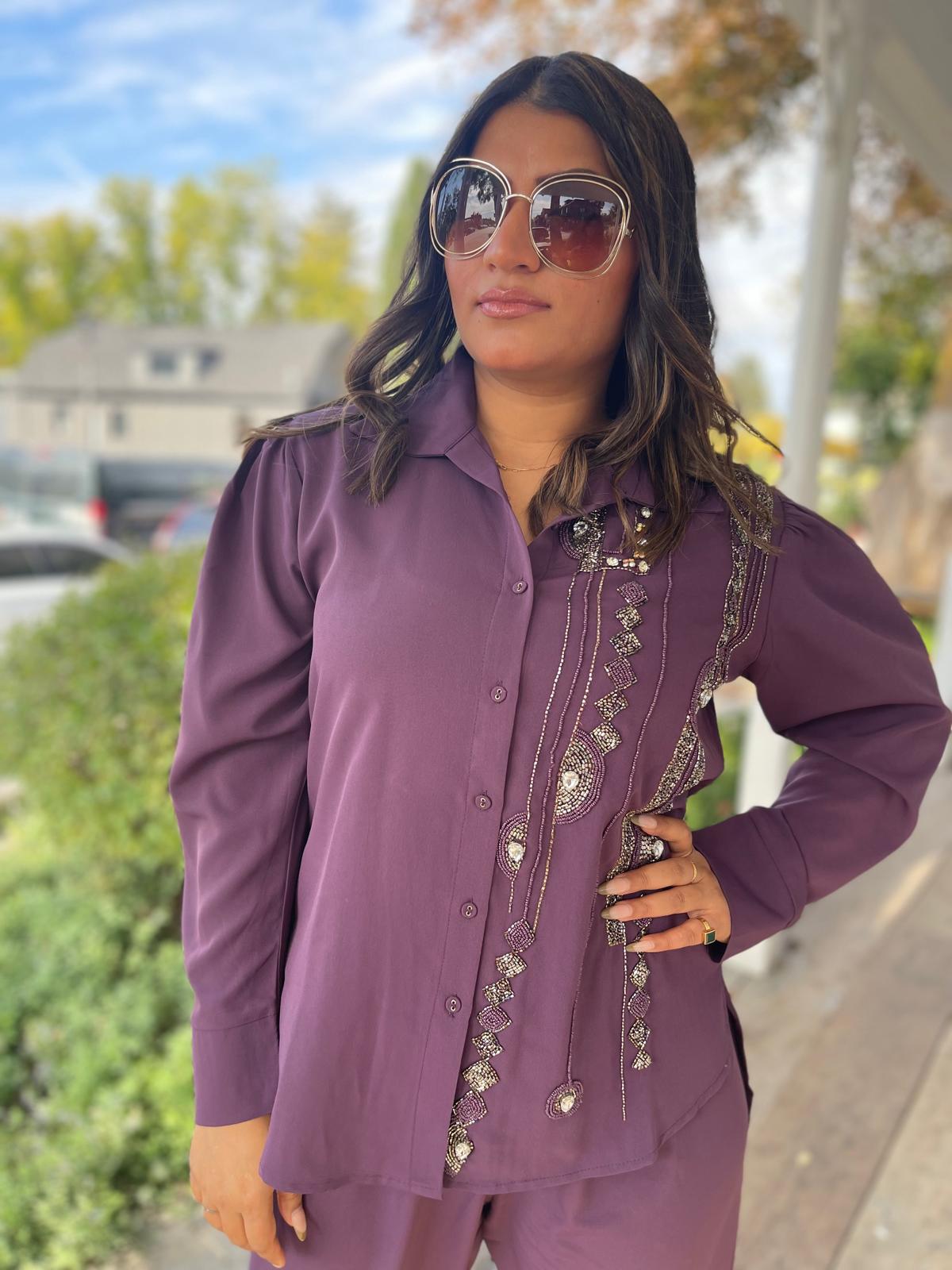 Amethyst embellished tailored top and matching trouser