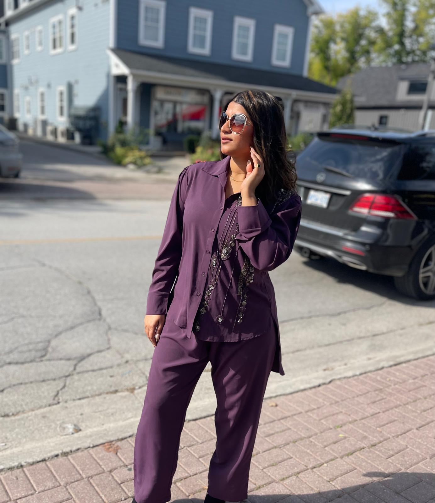 Amethyst embellished tailored top and matching trouser