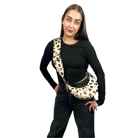 Leopard Croc Luna Crescent Leather Bag