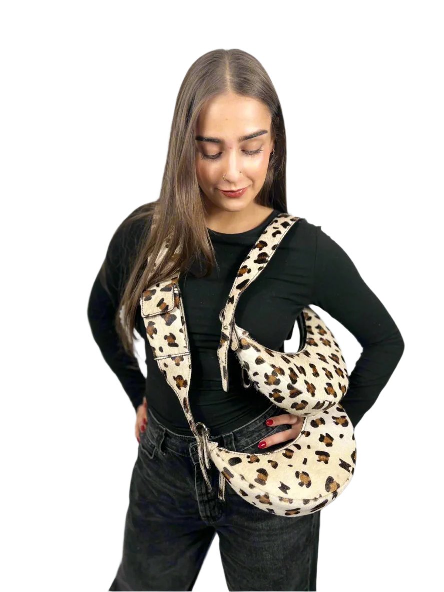 Leopard Croc Luna Crescent Leather Bag