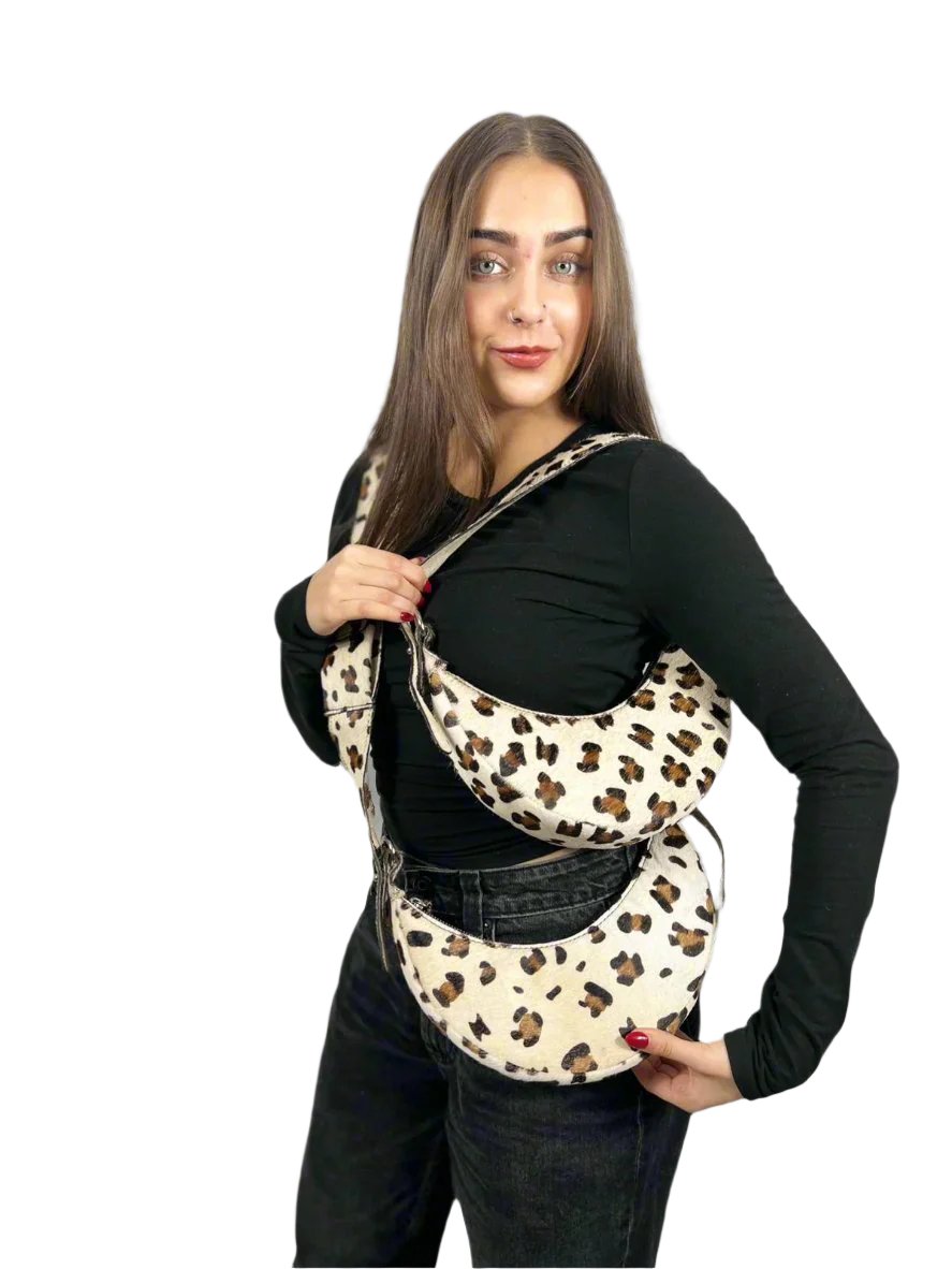 Leopard Croc Luna Crescent Leather Bag