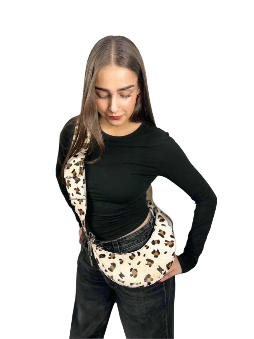 Leopard Croc Luna Crescent Leather Bag