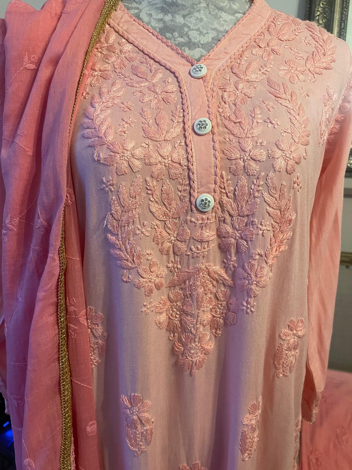 Blush Veil – Rose Faded Chikankari 3 Piece Set with Embroidered Trousers & Dupatta