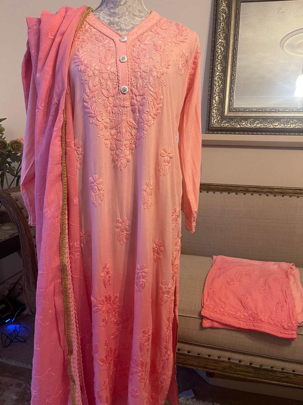 Blush Veil – Rose Faded Chikankari 3 Piece Set with Embroidered Trousers & Dupatta