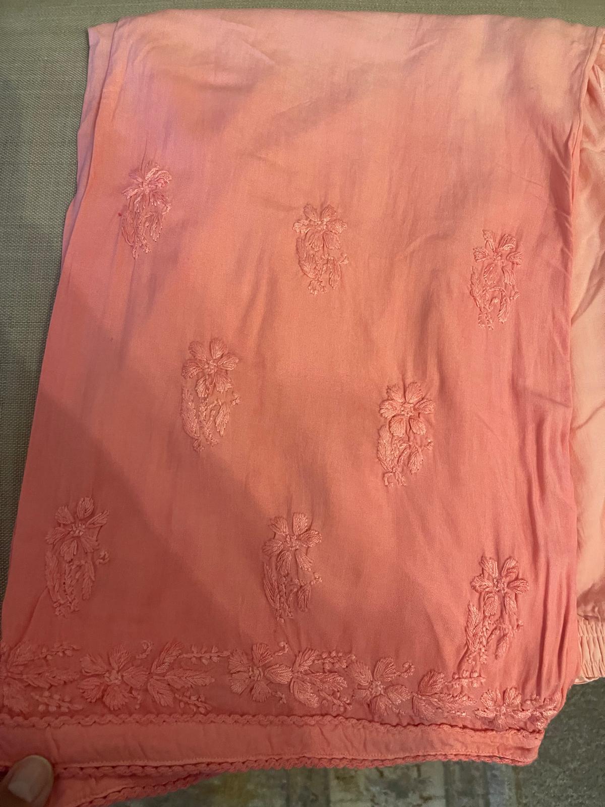 Blush Veil – Rose Faded Chikankari 3 Piece Set with Embroidered Trousers & Dupatta