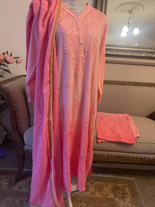 Blush Veil – Rose Faded Chikankari 3 Piece Set with Embroidered Trousers & Dupatta