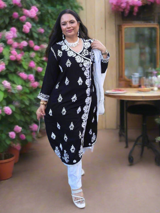 Striking black chikankari angrakha-style shirt with timeless white embroidery.