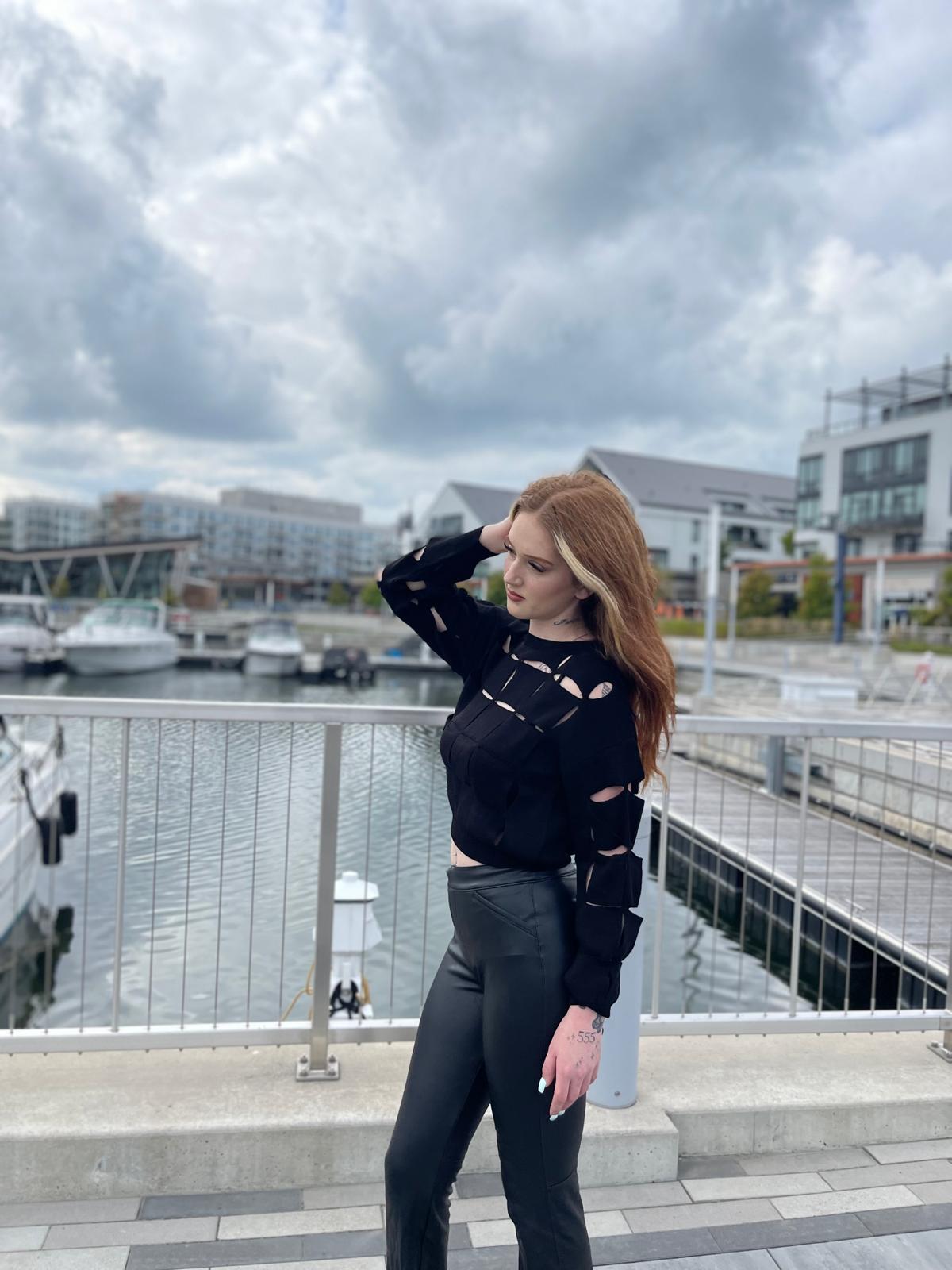 Square Ripped Long Sleeve Sweater in Black