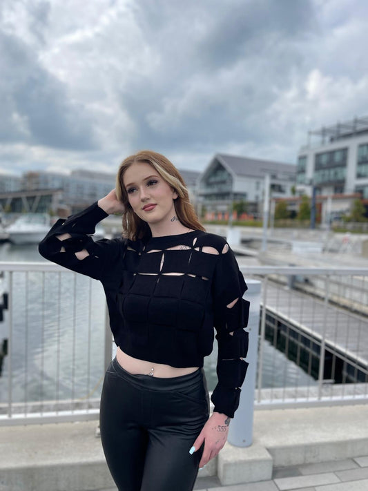 Square Ripped Long Sleeve Sweater in Black