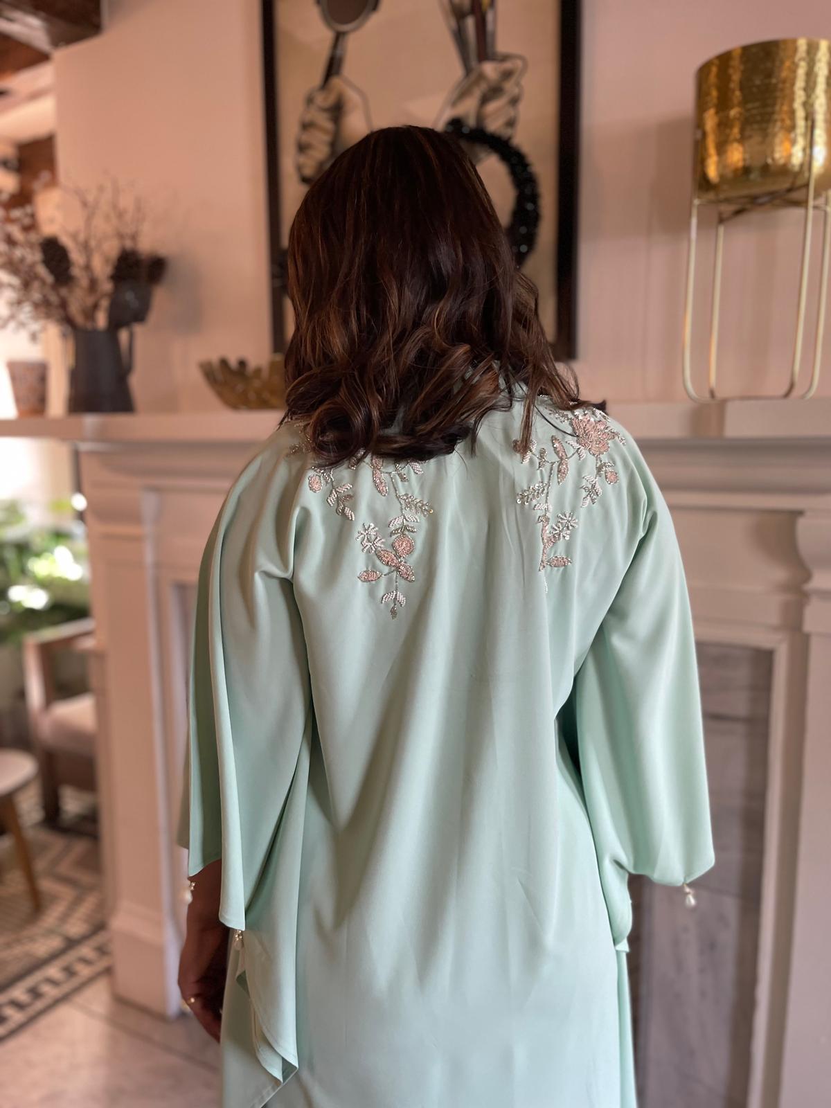 Pistachio embellished kaftan long shirt and matching tailored trouser