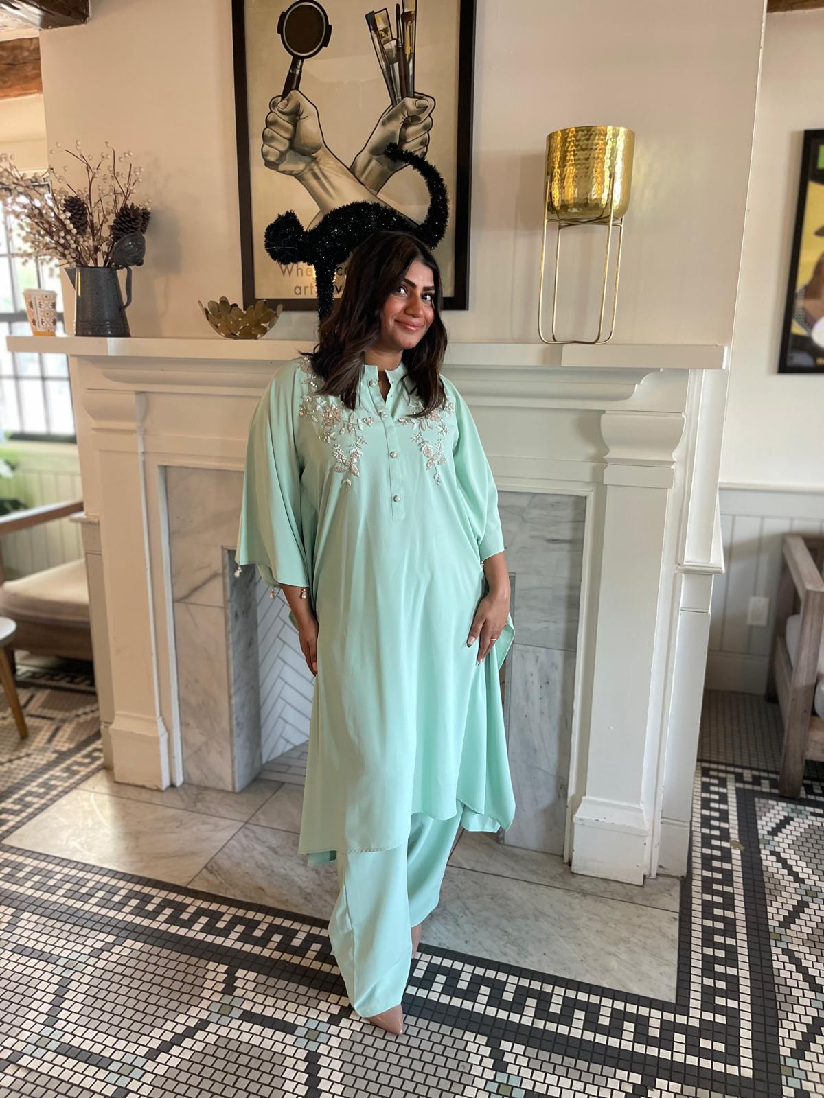 Pistachio embellished kaftan long shirt and matching tailored trouser