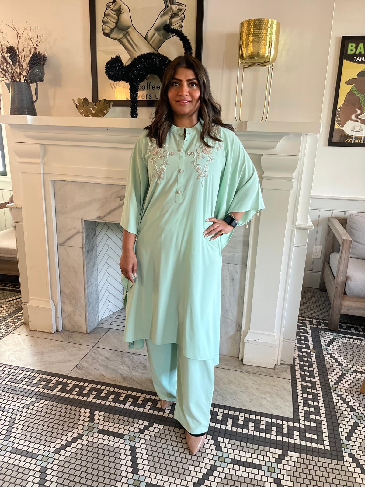 Pistachio embellished kaftan long shirt and matching tailored trouser