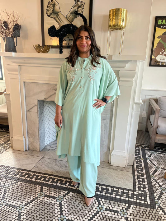 Pistachio embellished kaftan long shirt and matching tailored trouser