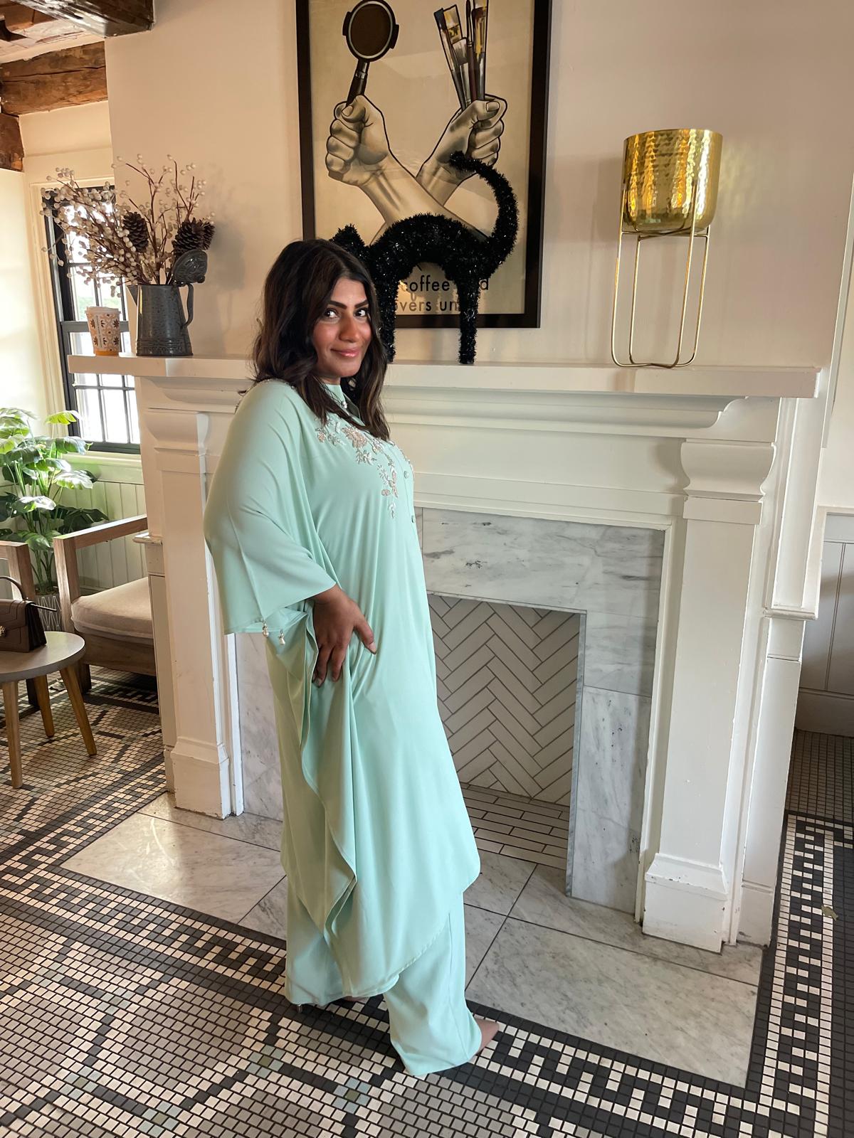 Pistachio embellished kaftan long shirt and matching tailored trouser