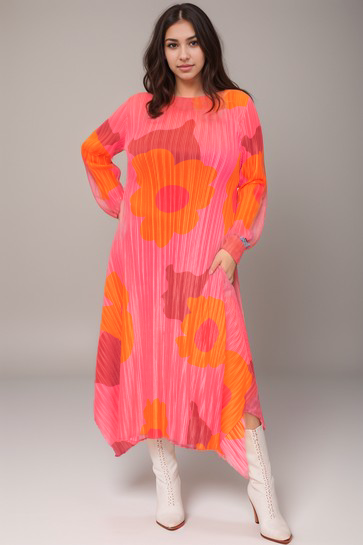 Printed Round Neck Pleated Dress