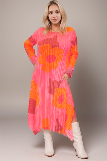 Printed Round Neck Pleated Dress