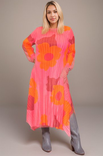 Printed Round Neck Pleated Dress