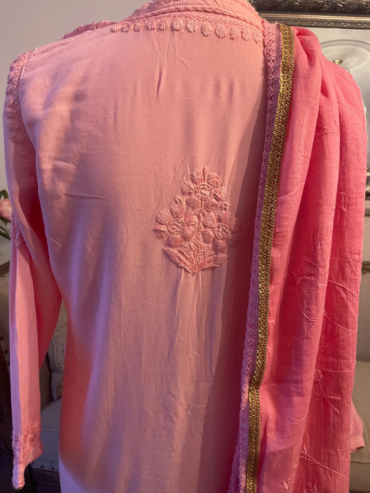 Blush Veil – Rose Faded Chikankari 3 Piece Set with Embroidered Trousers & Dupatta