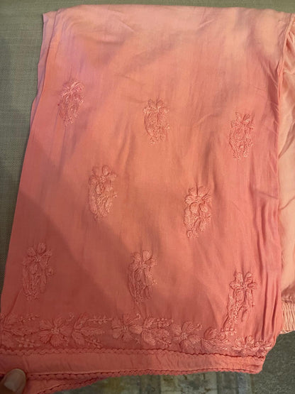 Blush Veil – Rose Faded Chikankari 3 Piece Set with Embroidered Trousers & Dupatta